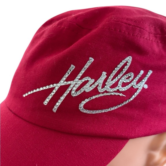 Harley ~Davidson Red Fitted Moto Hat Crystal Logo Adjustable Sizing 100% Cotton - Picture 5 of 8